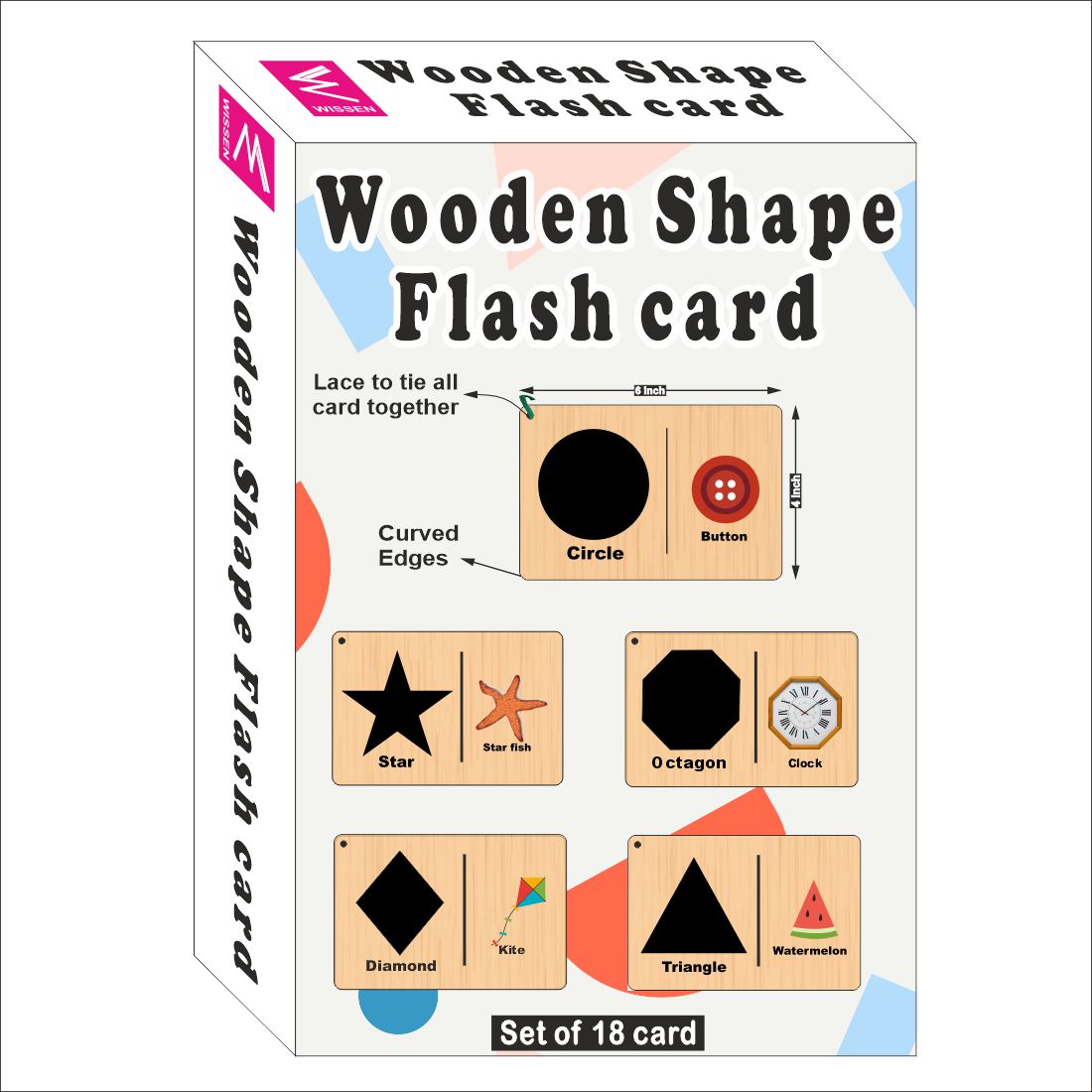 Wooden (MDF) Shapes Learning Flash card with lacing thread.