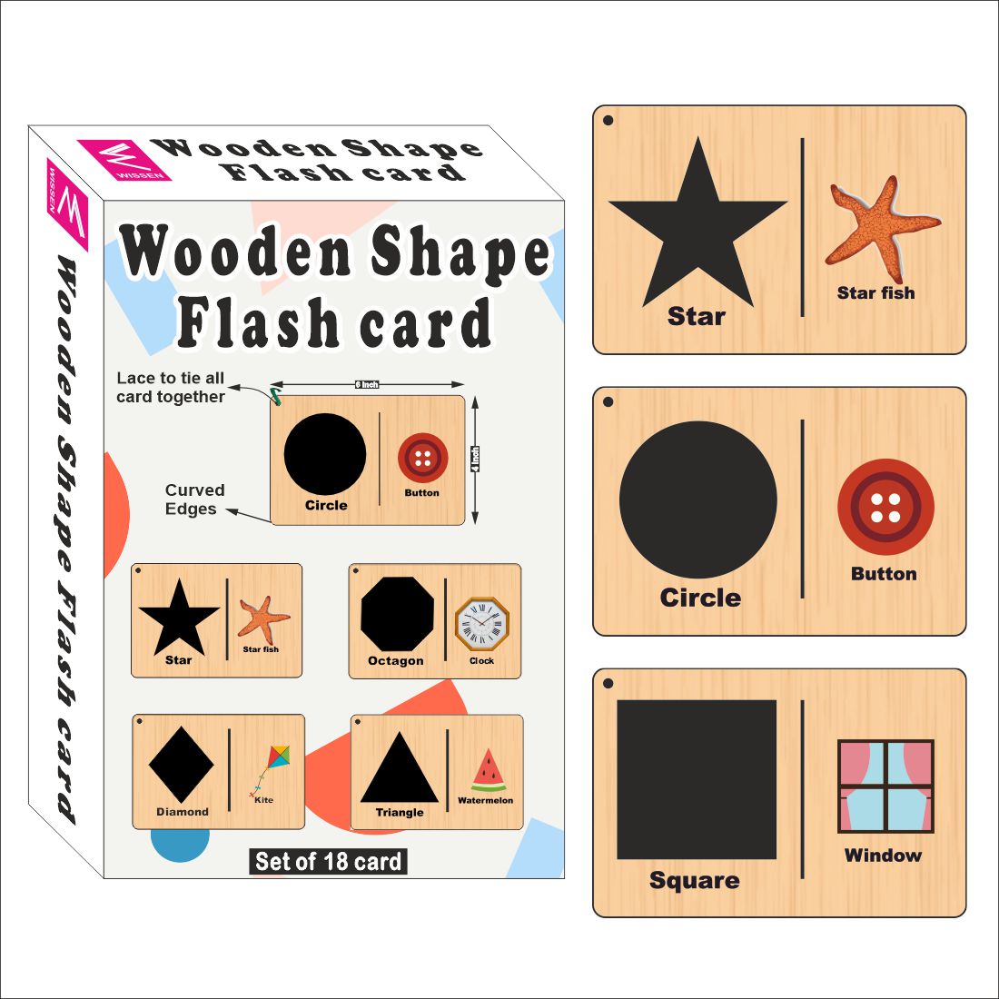 Wooden (MDF) Shapes Learning Flash card with lacing thread.