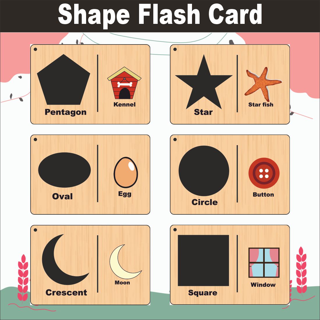 Wooden (MDF) Shapes Learning Flash card with lacing thread.