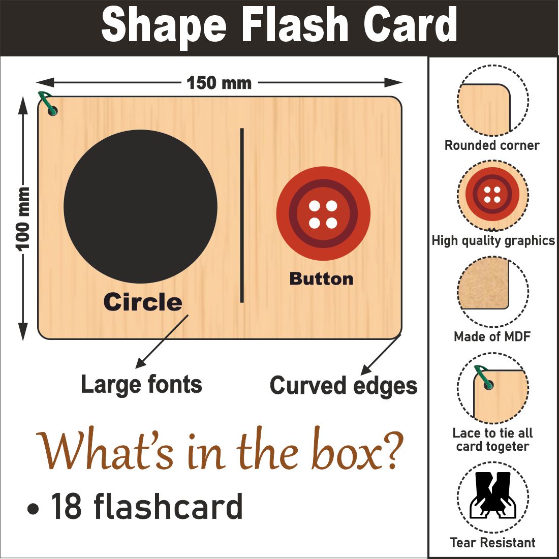 Wooden (MDF) Shapes Learning Flash card with lacing thread.