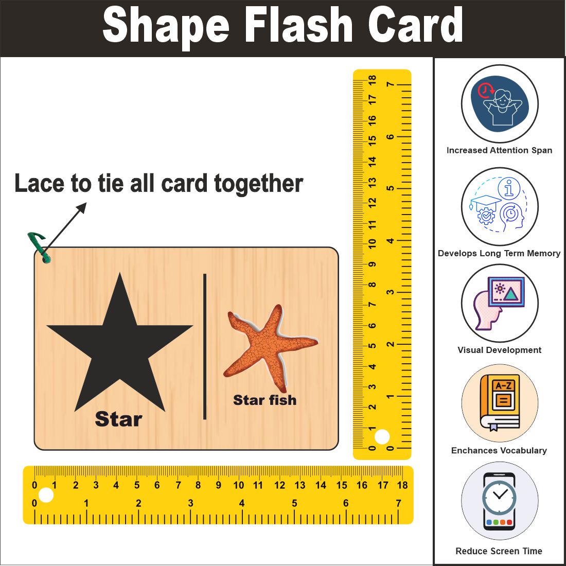 Wooden (MDF) Shapes Learning Flash card with lacing thread.