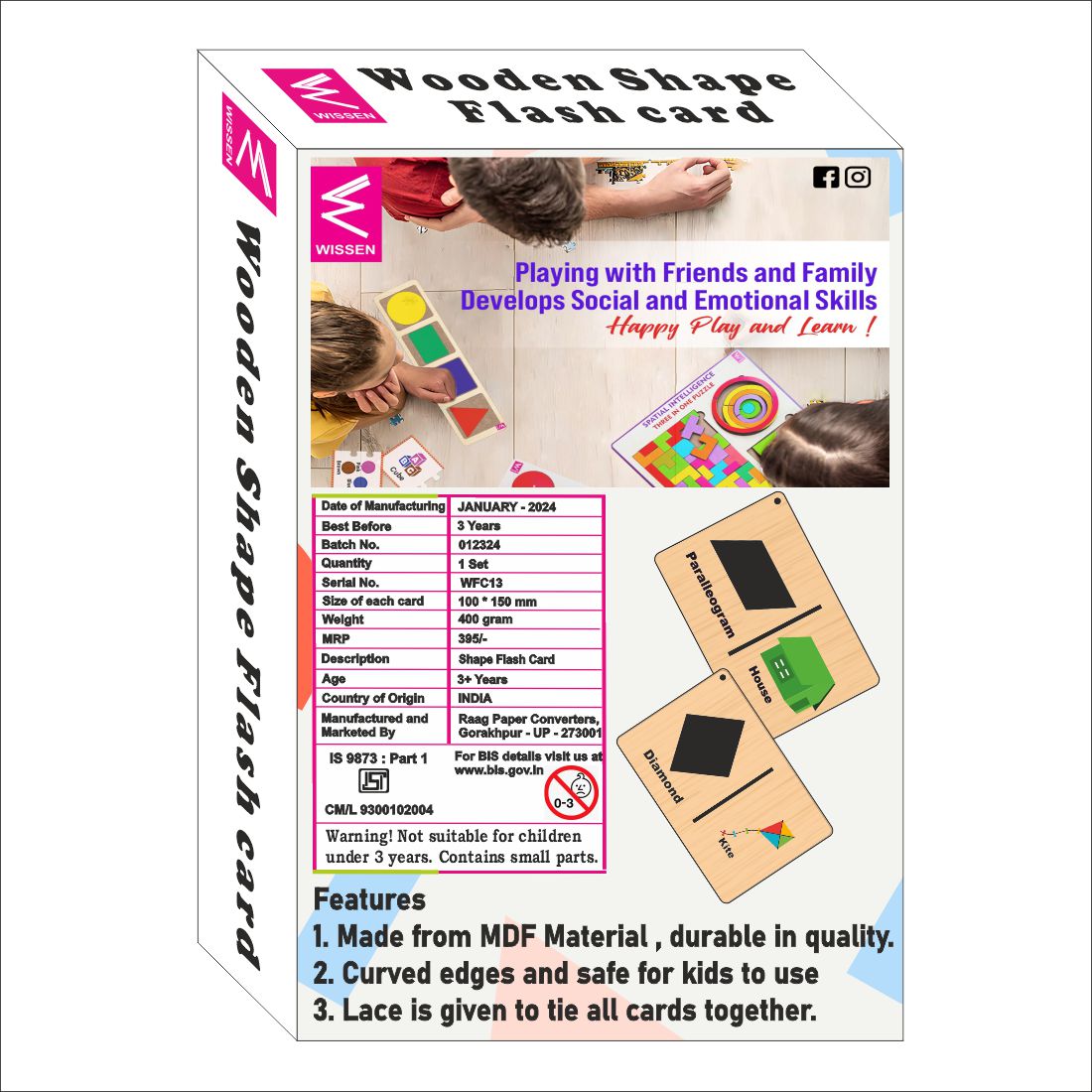 Wooden (MDF) Shapes Learning Flash card with lacing thread.