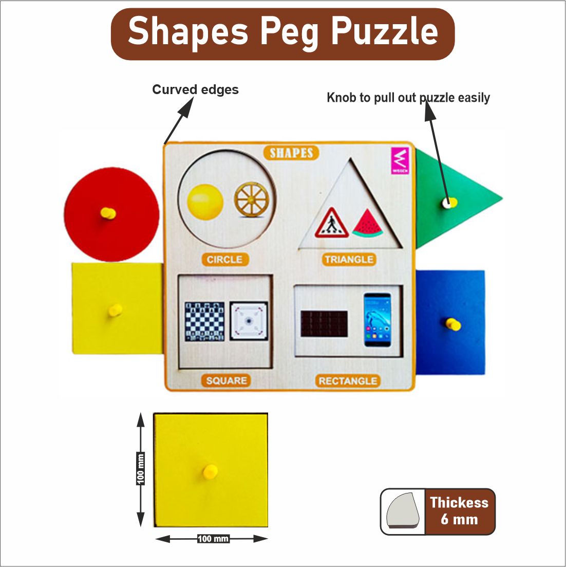 Wooden Hide and See Shape  Peg Board Puzzle- 9*9 inch