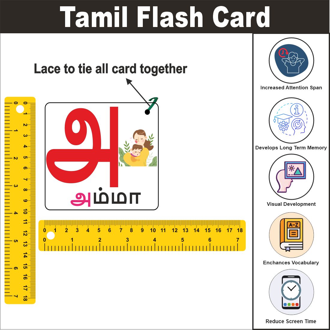 Wooden (MDF) Tamil Swar Learning Flash card with lacing thread.