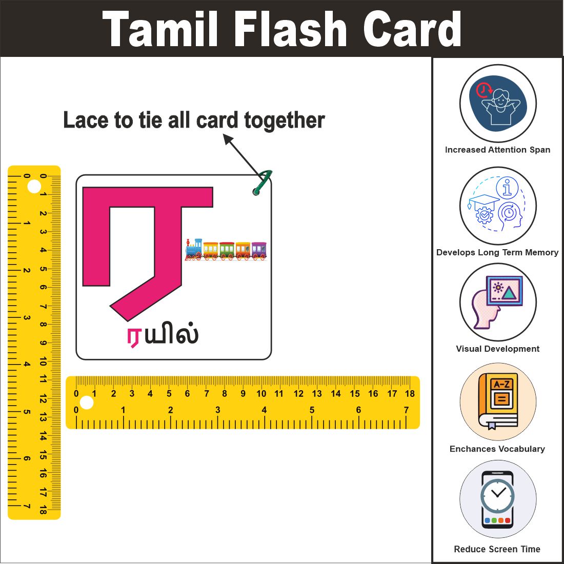 Wooden (MDF) Tamil Consonants Learning Flash card with lacing thread.