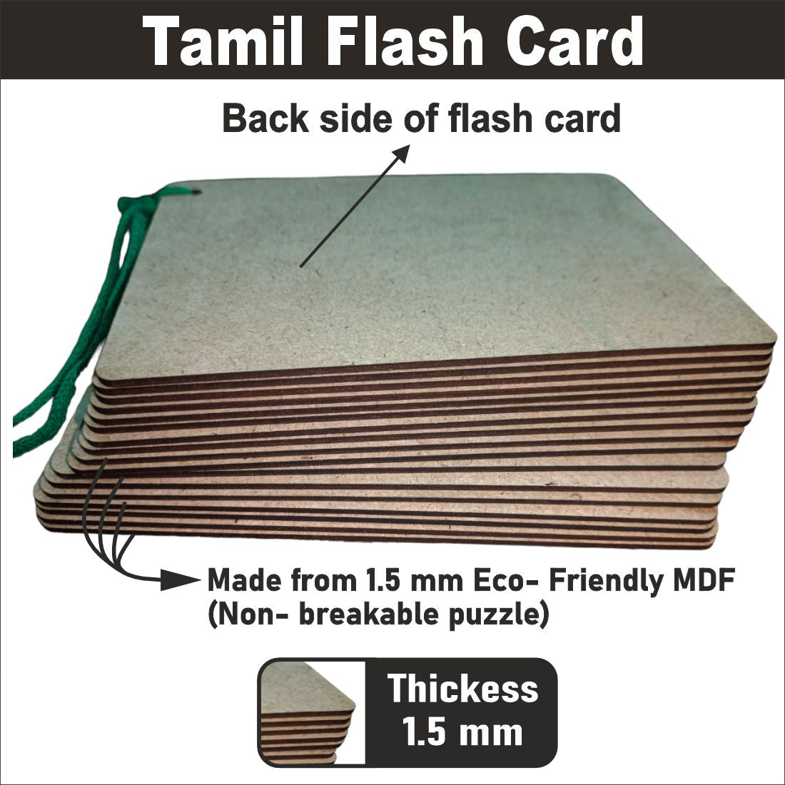 Wooden (MDF) Tamil Consonants Learning Flash card with lacing thread.