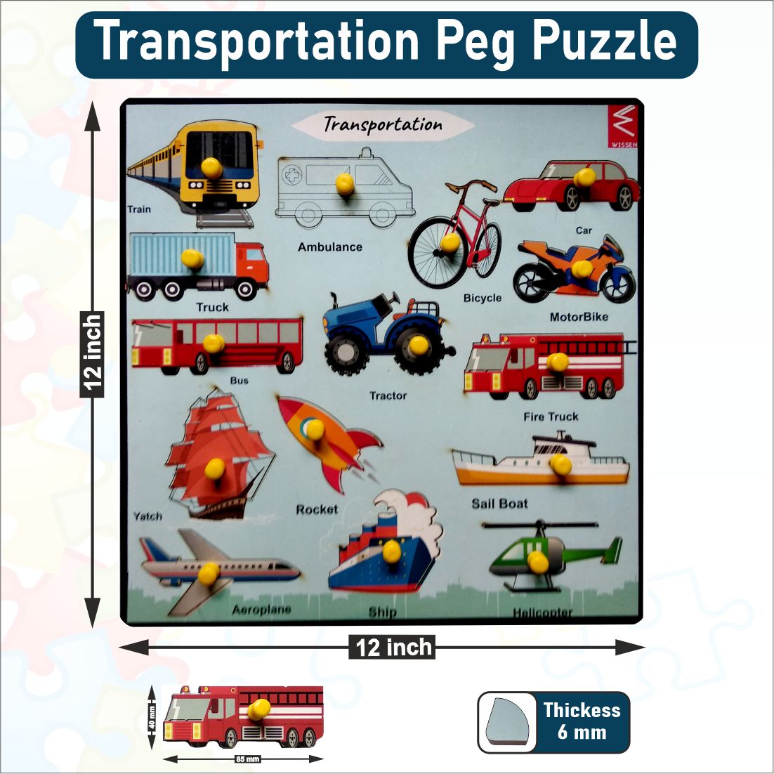 Wooden Transportation Educational peg board puzzle- 12*9 inch