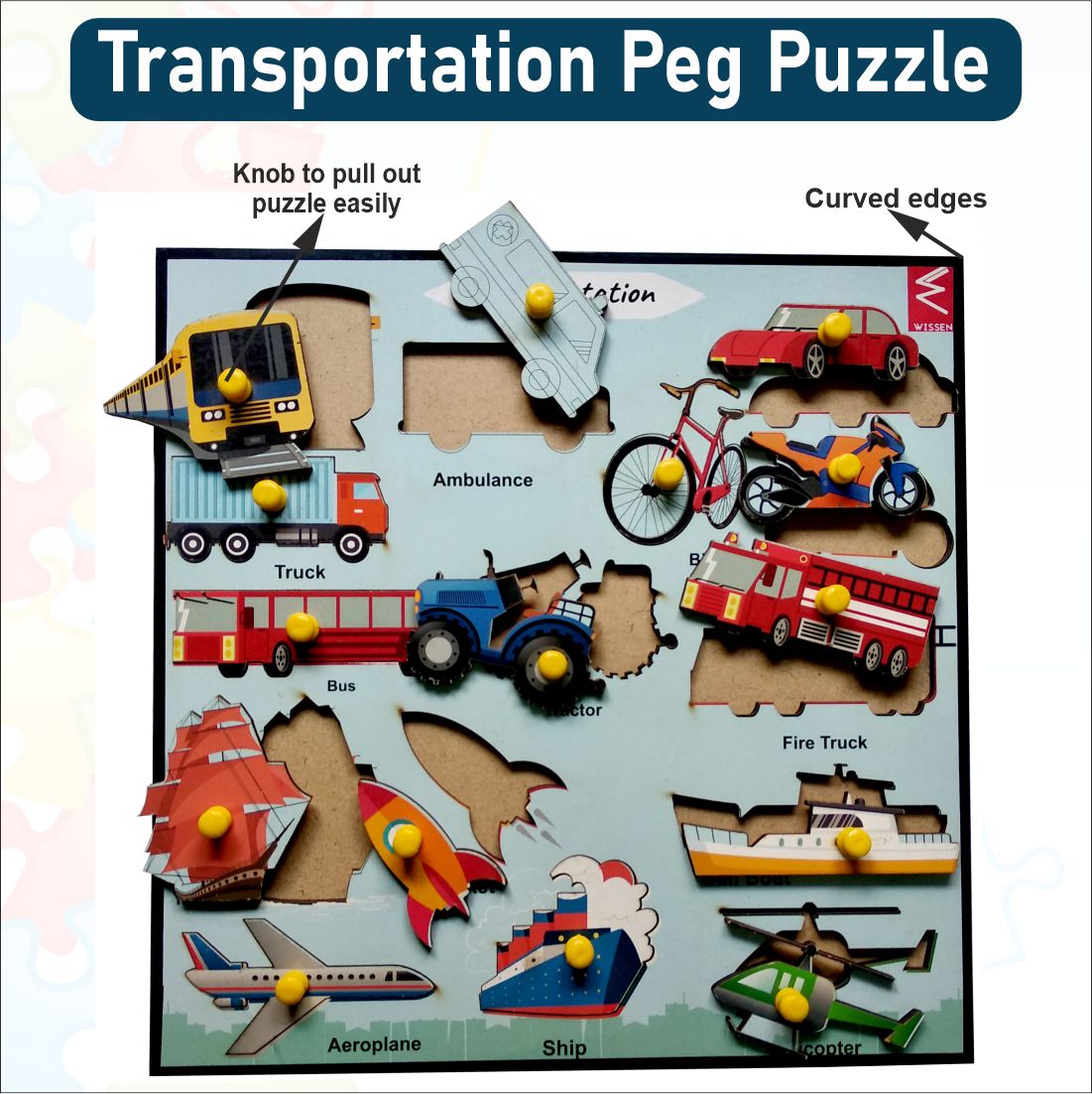 Wooden Transportation Educational peg board puzzle- 12*9 inch