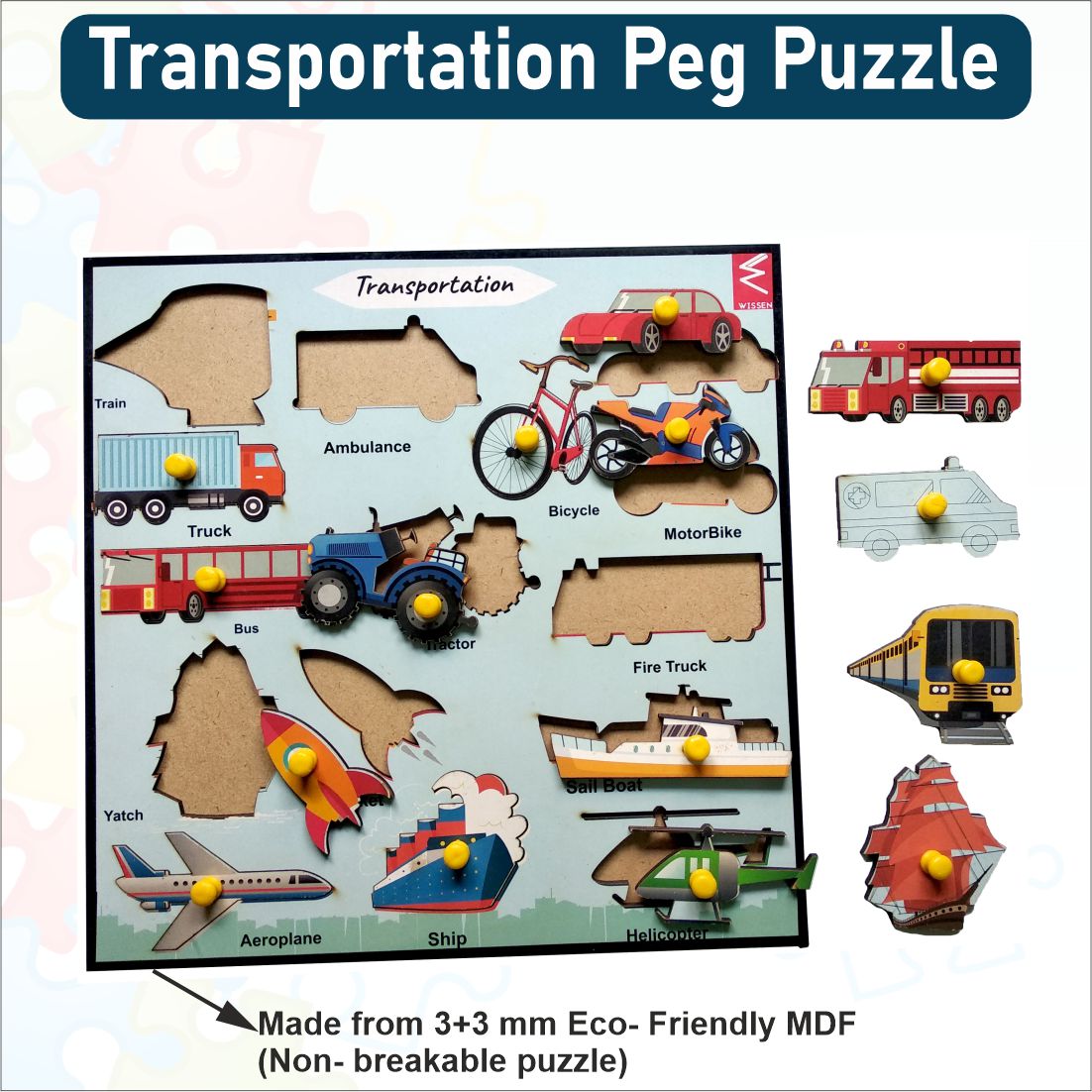 Wooden Transportation Educational peg board puzzle- 12*9 inch