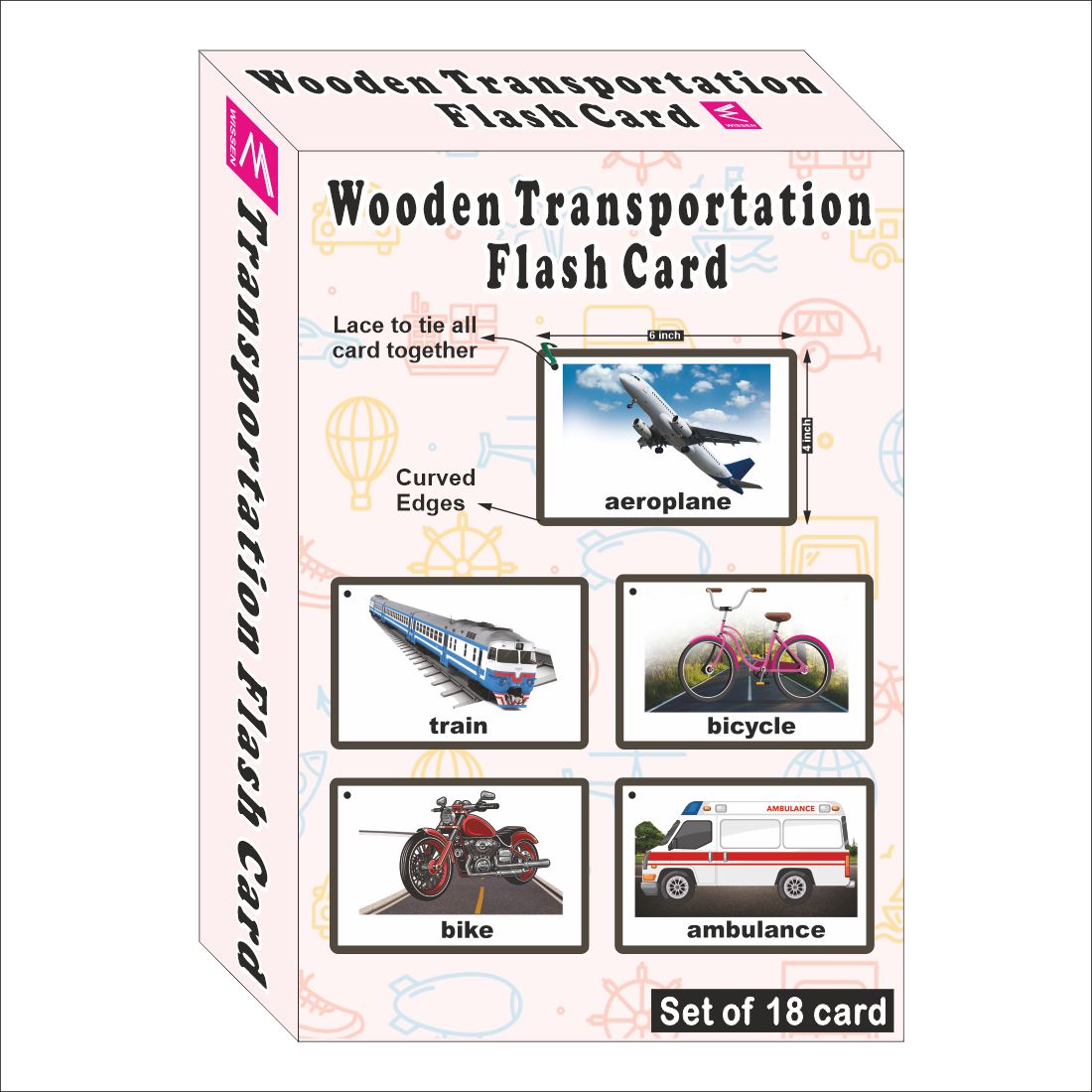 Wooden (MDF) Transportation  Learning Flash card with lacing thread.