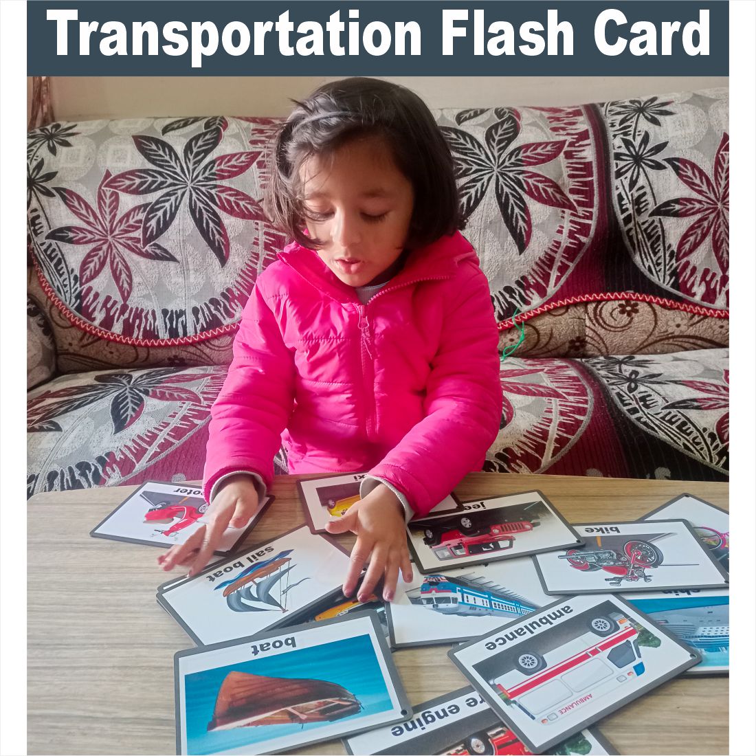 Wooden (MDF) Transportation  Learning Flash card with lacing thread.