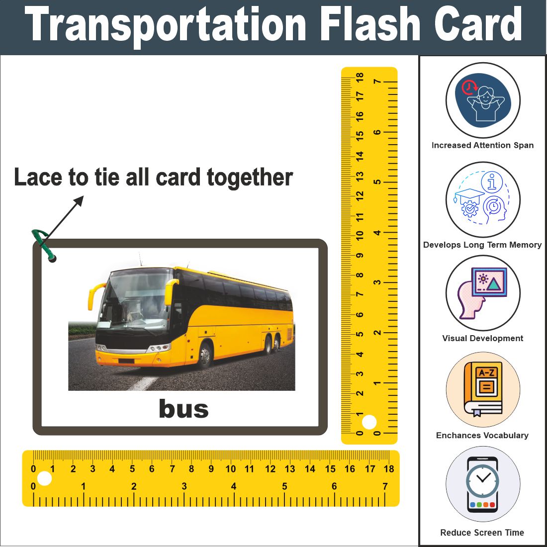 Wooden (MDF) Transportation  Learning Flash card with lacing thread.