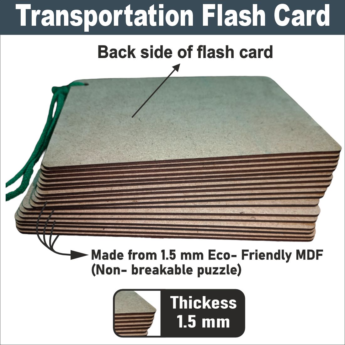 Wooden (MDF) Transportation  Learning Flash card with lacing thread.