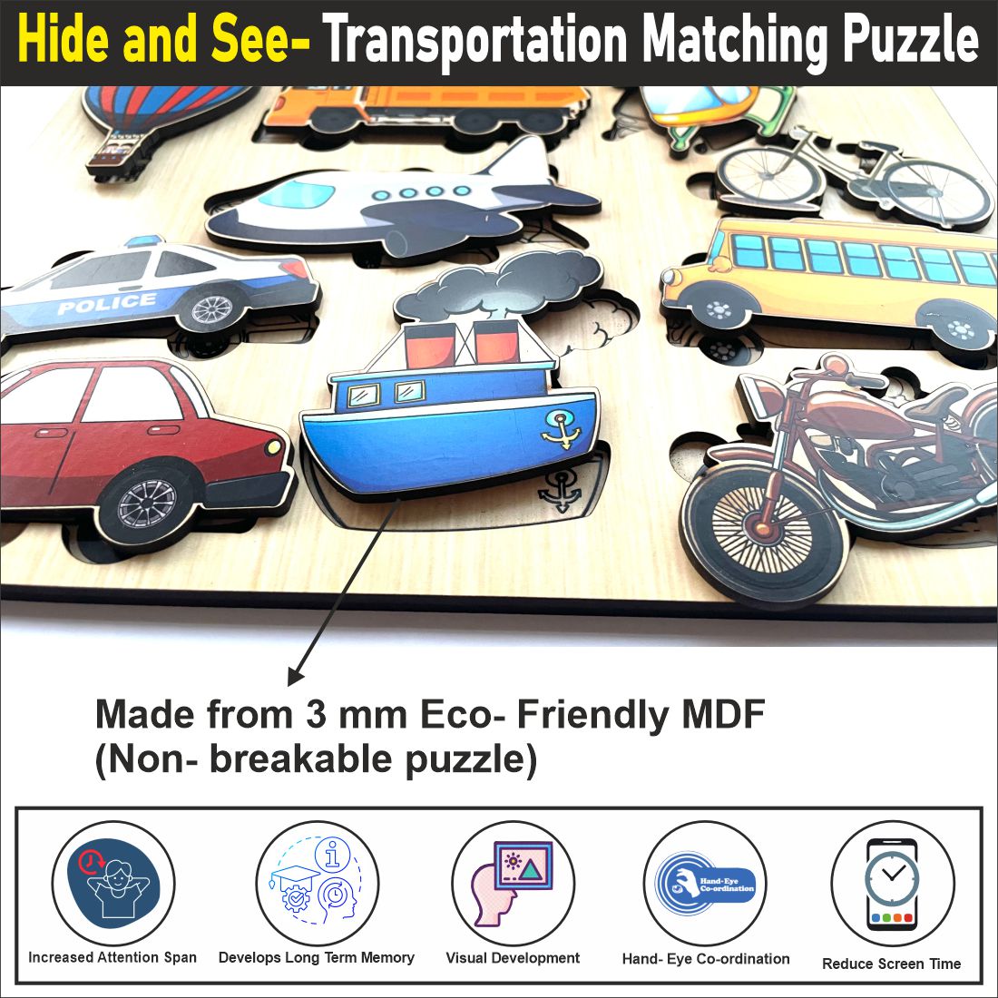 Wooden Hide and See Transportation Puzzle