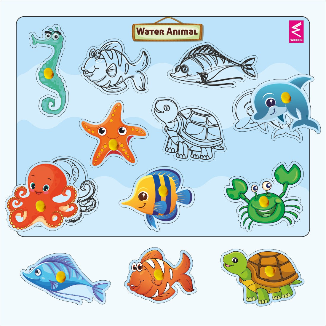 Wooden Hide and See Water animals learning peg board Puzzle