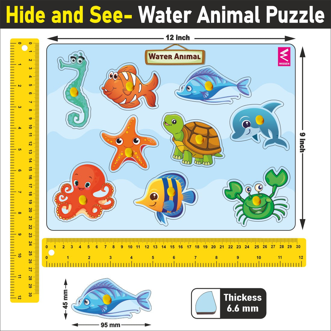 Wooden Hide and See Water animals learning peg board Puzzle