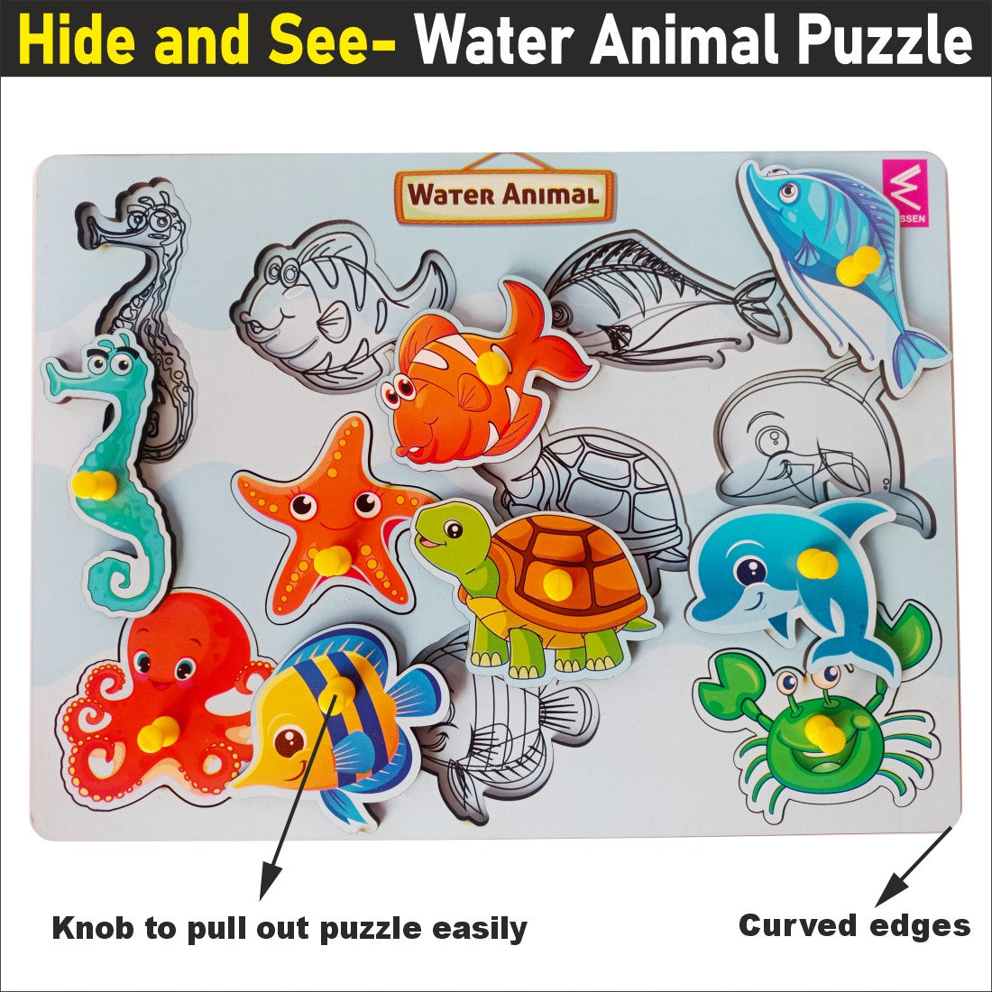 Wooden Hide and See Water animals learning peg board Puzzle