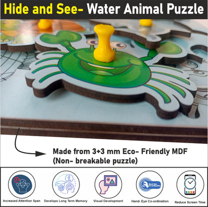 Wooden Hide and See Water animals learning peg board Puzzle