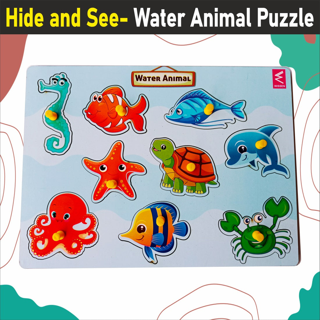 Wooden Hide and See Water animals learning peg board Puzzle