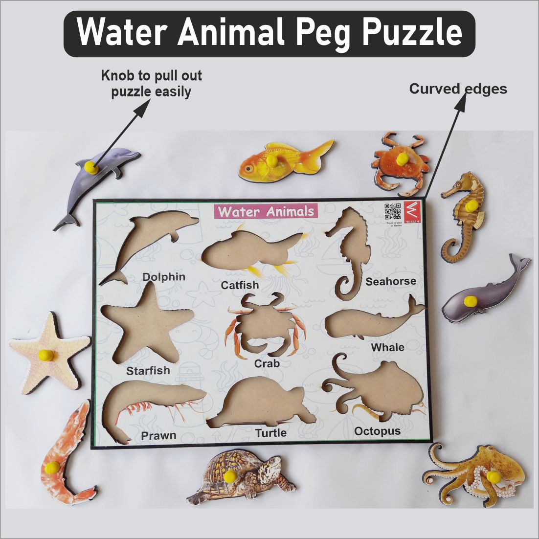 Wooden Water Animals learning Educational Peg Board Puzzle-12*9 inch