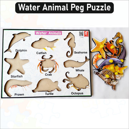 Wooden Water Animals learning Educational Peg Board Puzzle-12*9 inch