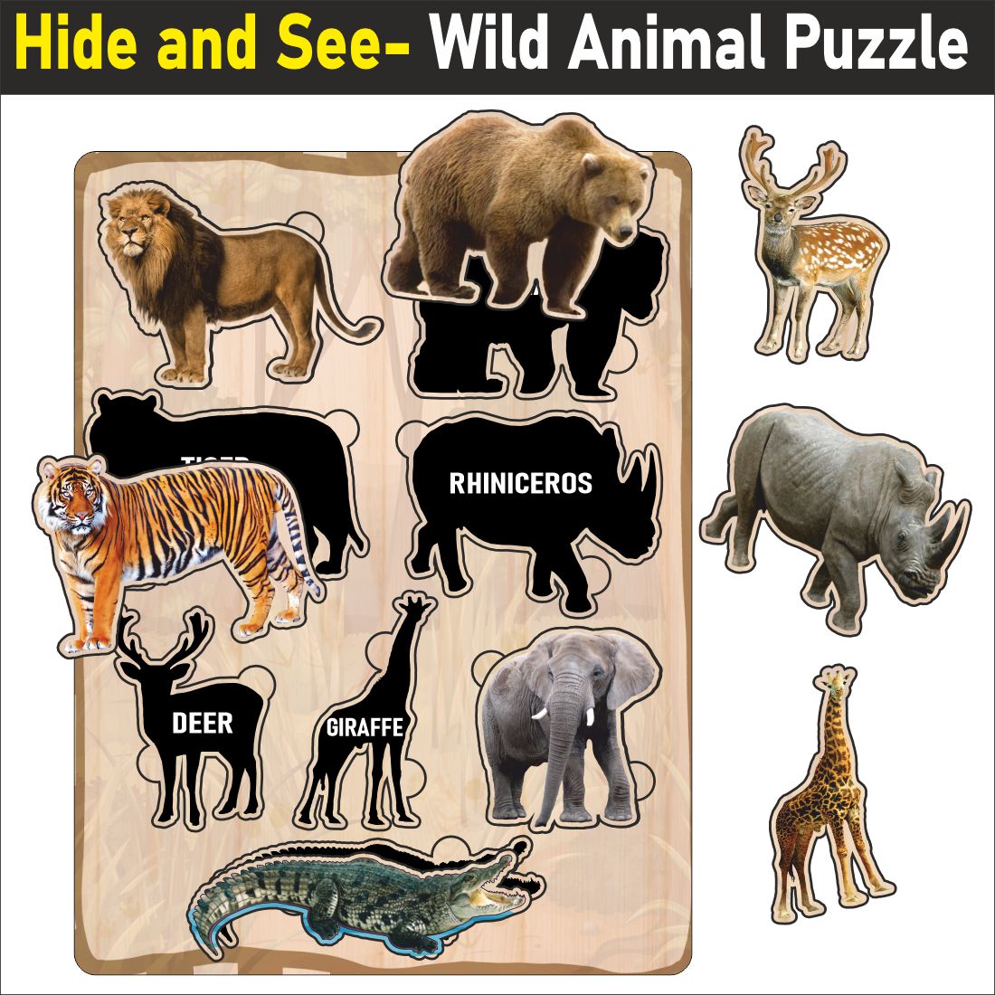 Wooden Hide and See Wild Animals Puzzle