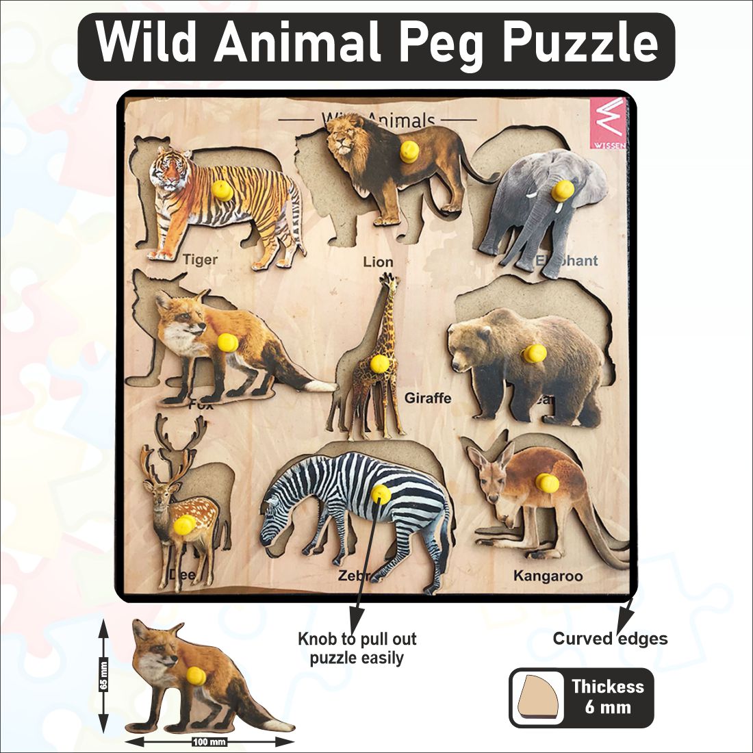 Wooden Wild Animals Peg Board Puzzle- 12*12 inch