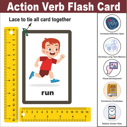 Wooden (MDF) Action Verb Learning Flash card with lacing thread.