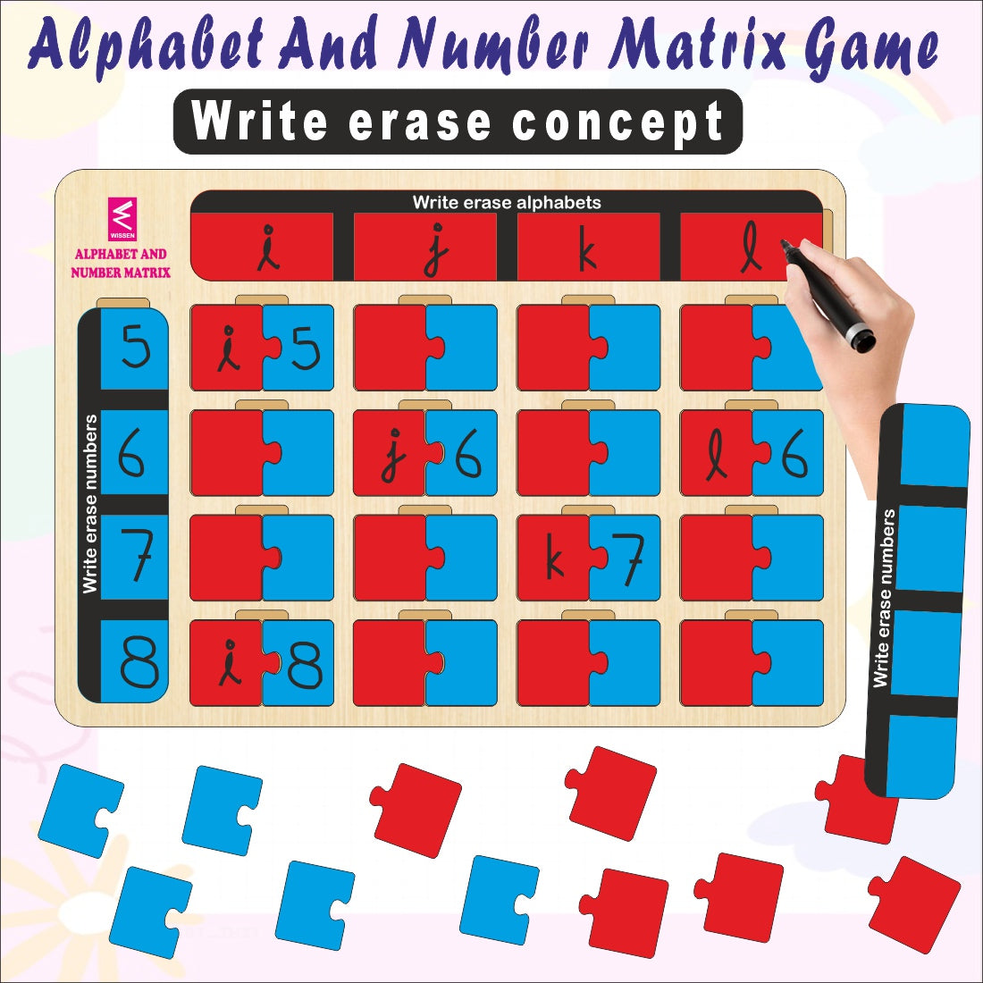 Wooden Write and Erase Alphabet Number Matrix Learning Game- Open end toy with infnite play