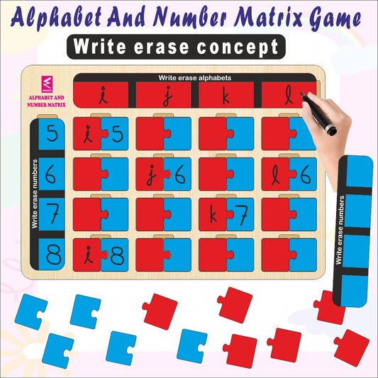 Wooden Write and Erase Alphabet Number Matrix Learning Game- Open end toy with infnite play