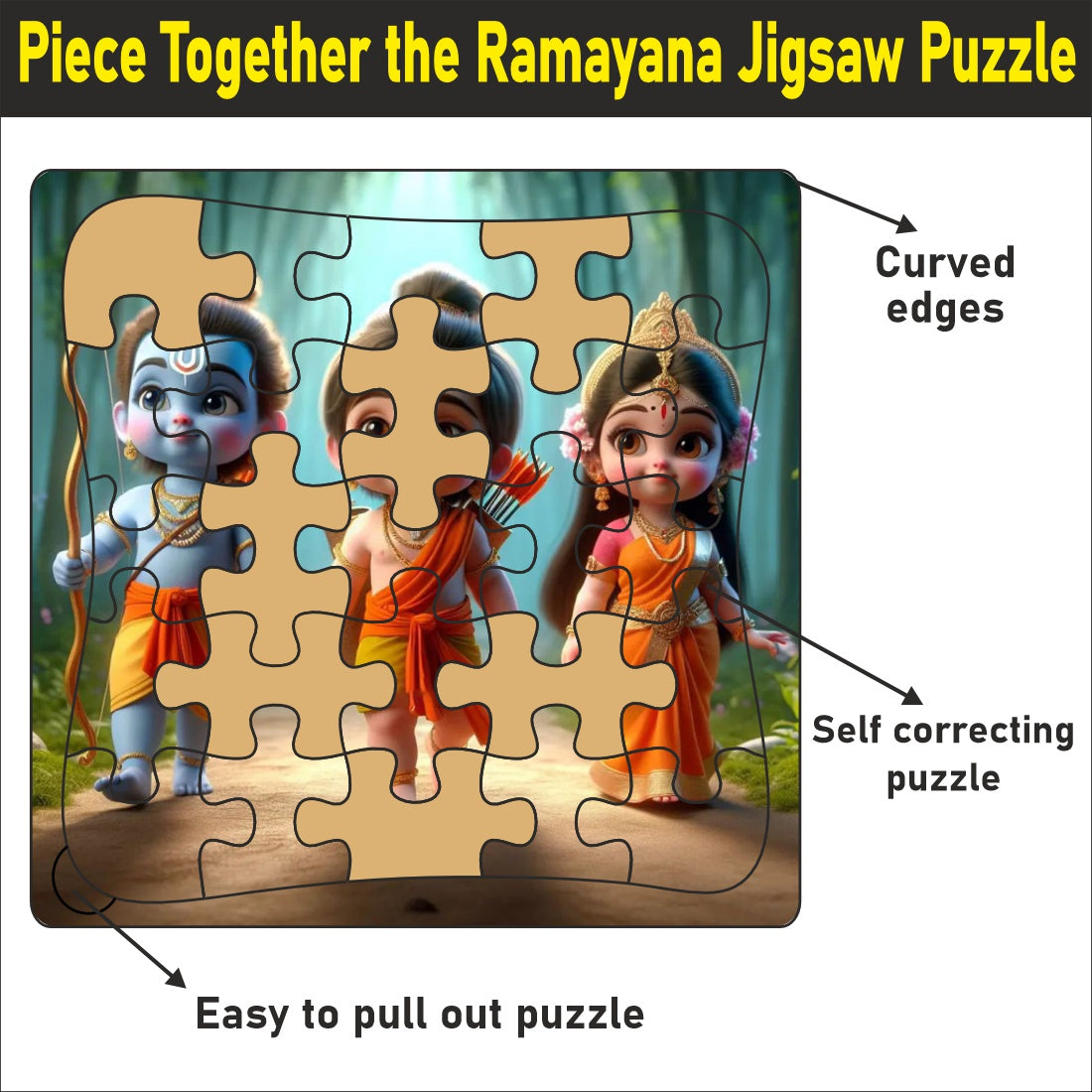 Wooden Jigsaw Puzzle- " Piece together the Ramayana: A delightful puzzle featuring Ram, Lakshman, Sita, and their epic journey. 9*9 inch