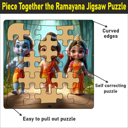 Wooden Jigsaw Puzzle- " Piece together the Ramayana: A delightful puzzle featuring Ram, Lakshman, Sita, and their epic journey. 9*9 inch