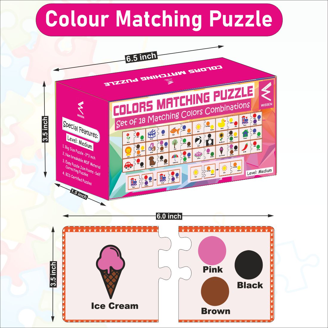 Wooden Colour Matching Puzzle- Medium Level Size- 3*3 inch for kids