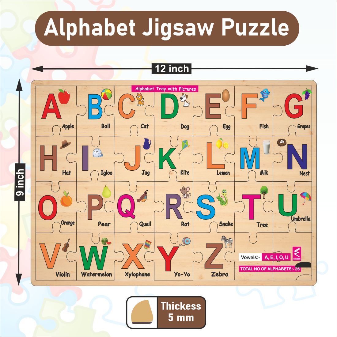 Wooden Alphabet A-Z Jigsaw Puzzle 12*18 inch for kids with puzzle tray