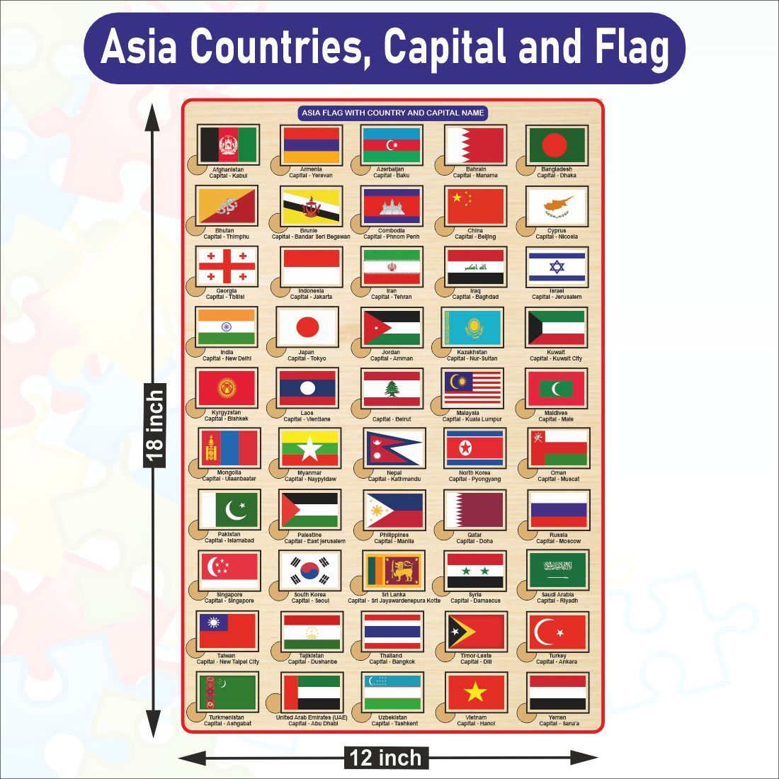 Wooden Asia Countries, Capital and Flag Learning Educational Puzzle-12*18 inch for Kids