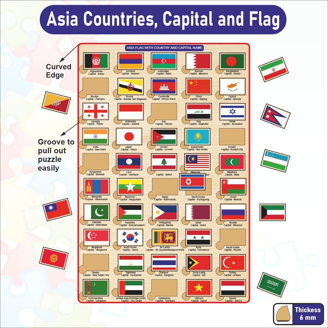 Wooden Asia Countries, Capital and Flag Learning Educational Puzzle-12*18 inch for Kids