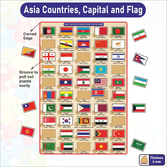 Wooden Asia Countries, Capital and Flag Learning Educational Puzzle-12*18 inch for Kids