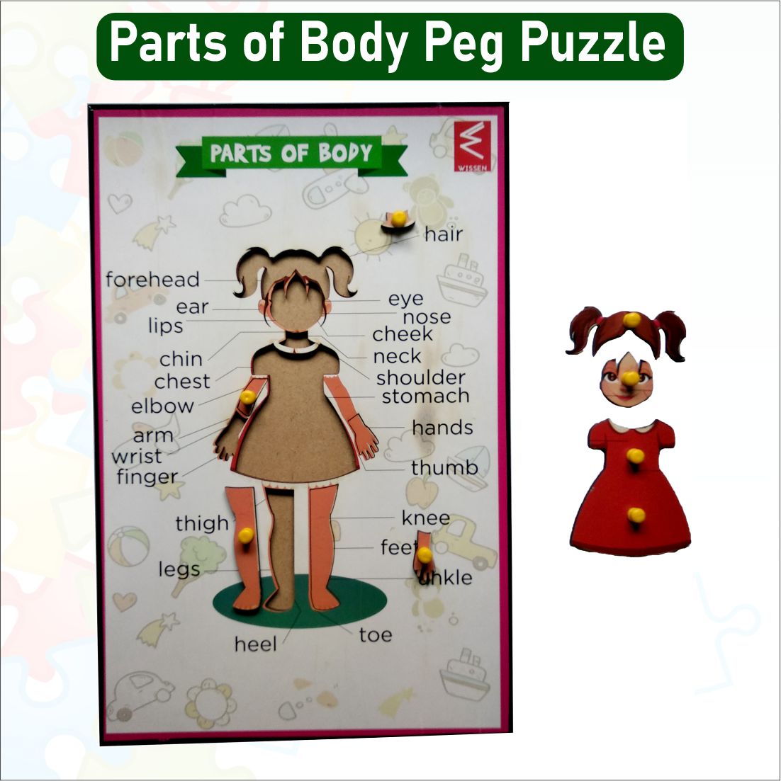 Wooden Parts of Body (Girl) Educational peg board puzzle- 12*18 inch