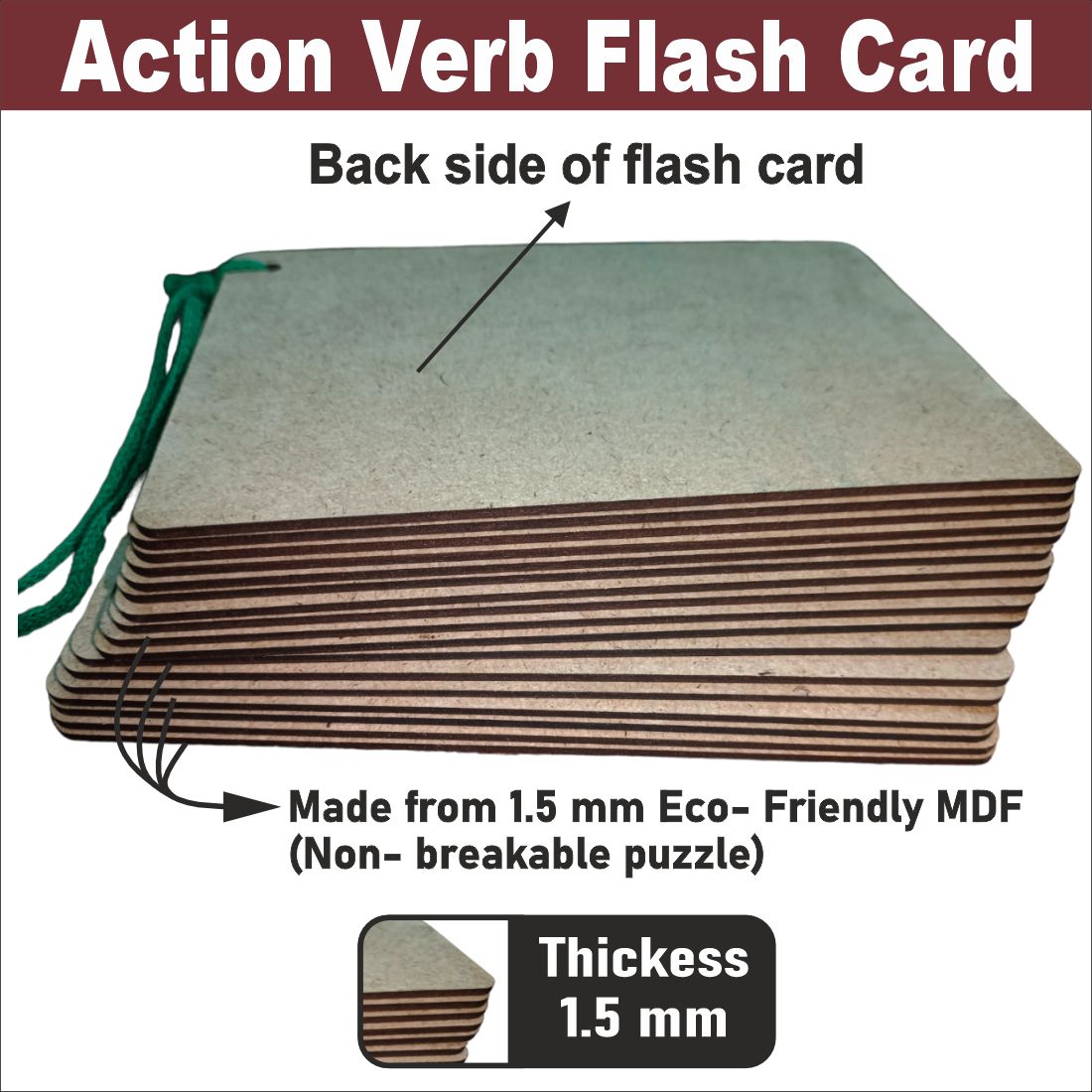 Wooden (MDF) Action Verb Learning Flash card with lacing thread.