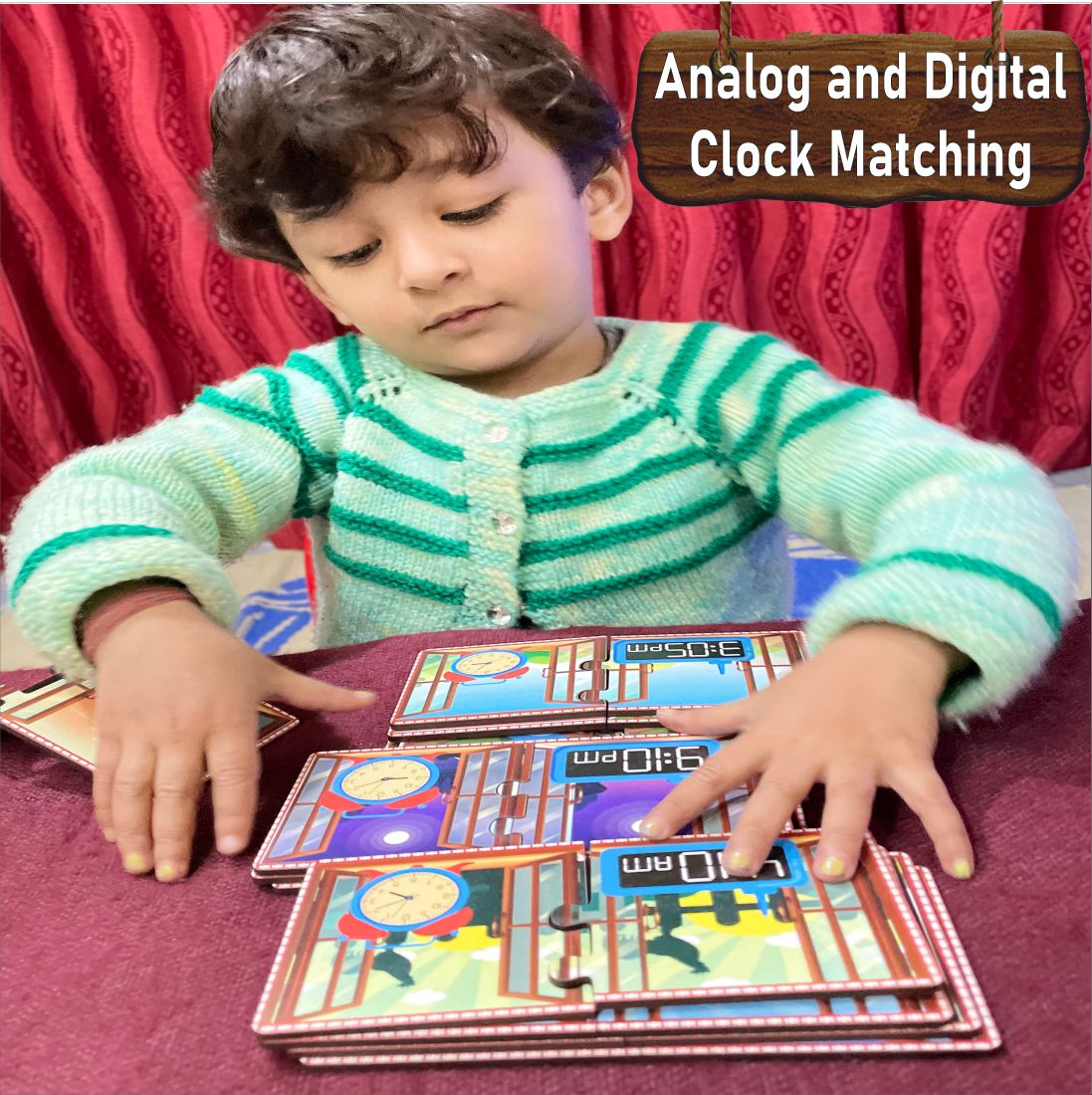 Wooden Analog and Digital Clock Matching Puzzle-3*3 inch size each puzzle -set of 12 concepts