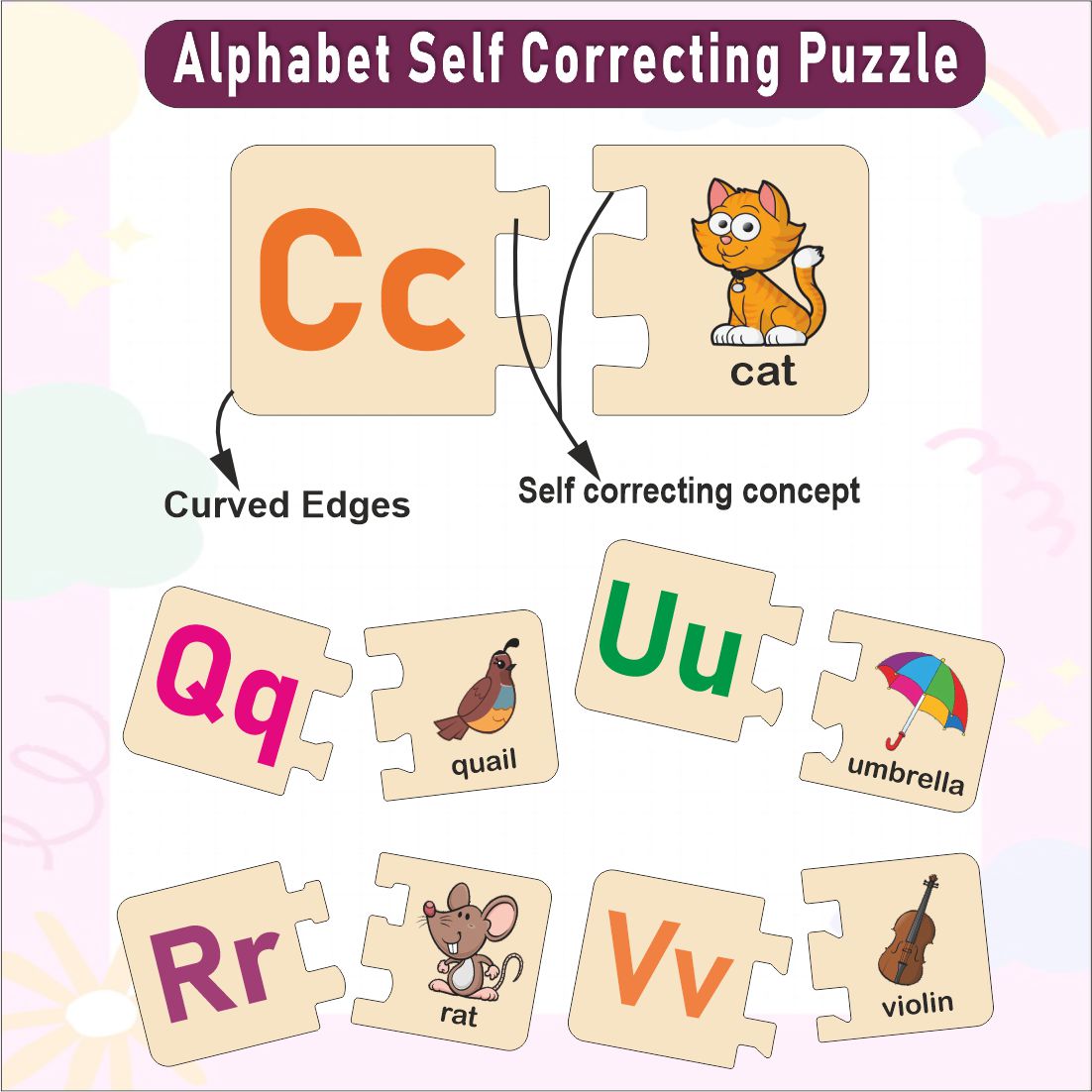 Wooden Alphabet A-Z Self Correcting Puzzle for kids