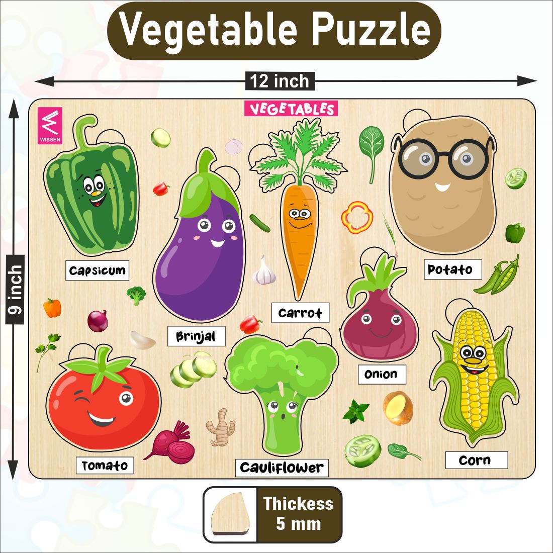 Wooden Vegetable Puzzle Board for Kids- 12*9 inch