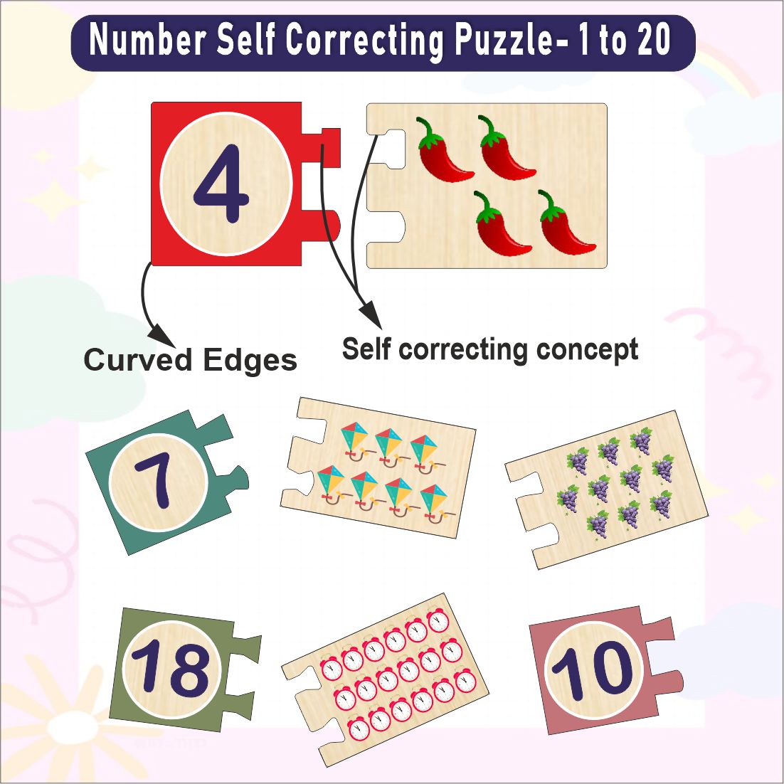 Wooden Numbers 1-20 Self Correcting Puzzles for Kids