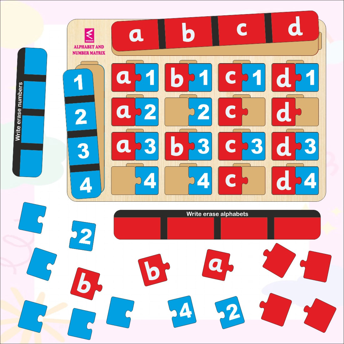 Wooden Write and Erase Alphabet Number Matrix Learning Game- Open end toy with infnite play