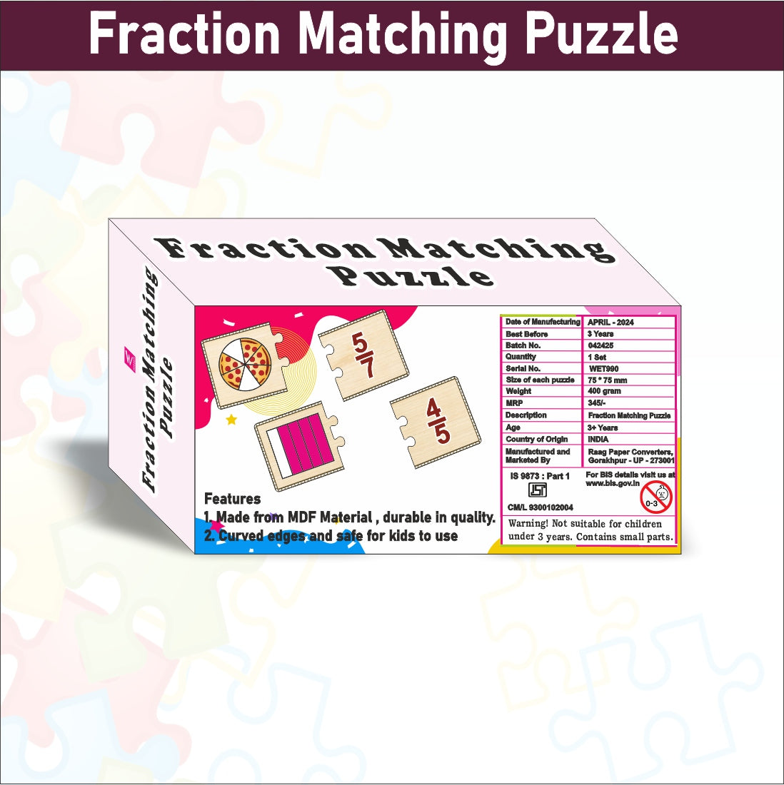 Fraction Master Wooden Match-Up: Self-Correcting Puzzle Game for kids