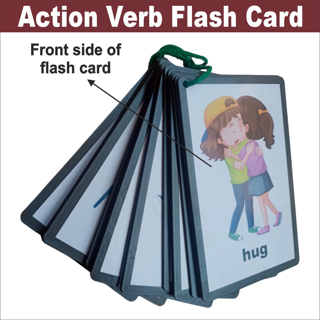 Wooden (MDF) Action Verb Learning Flash card with lacing thread.