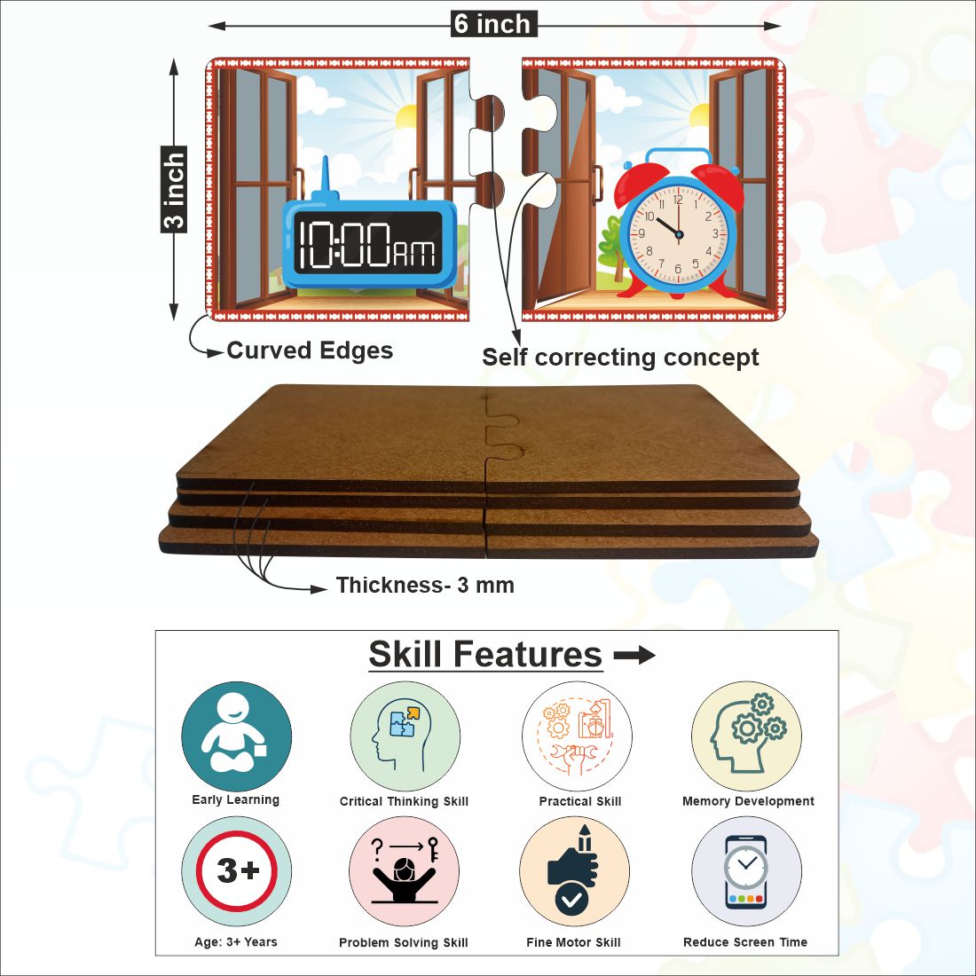 Wooden Analog and Digital Clock Matching Puzzle-3*3 inch size each puzzle -set of 12 concepts