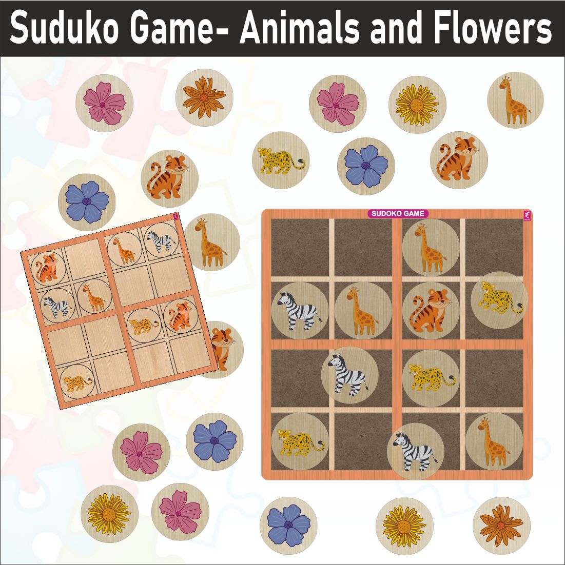 Wooden Sudoku Game Animals and Flowers