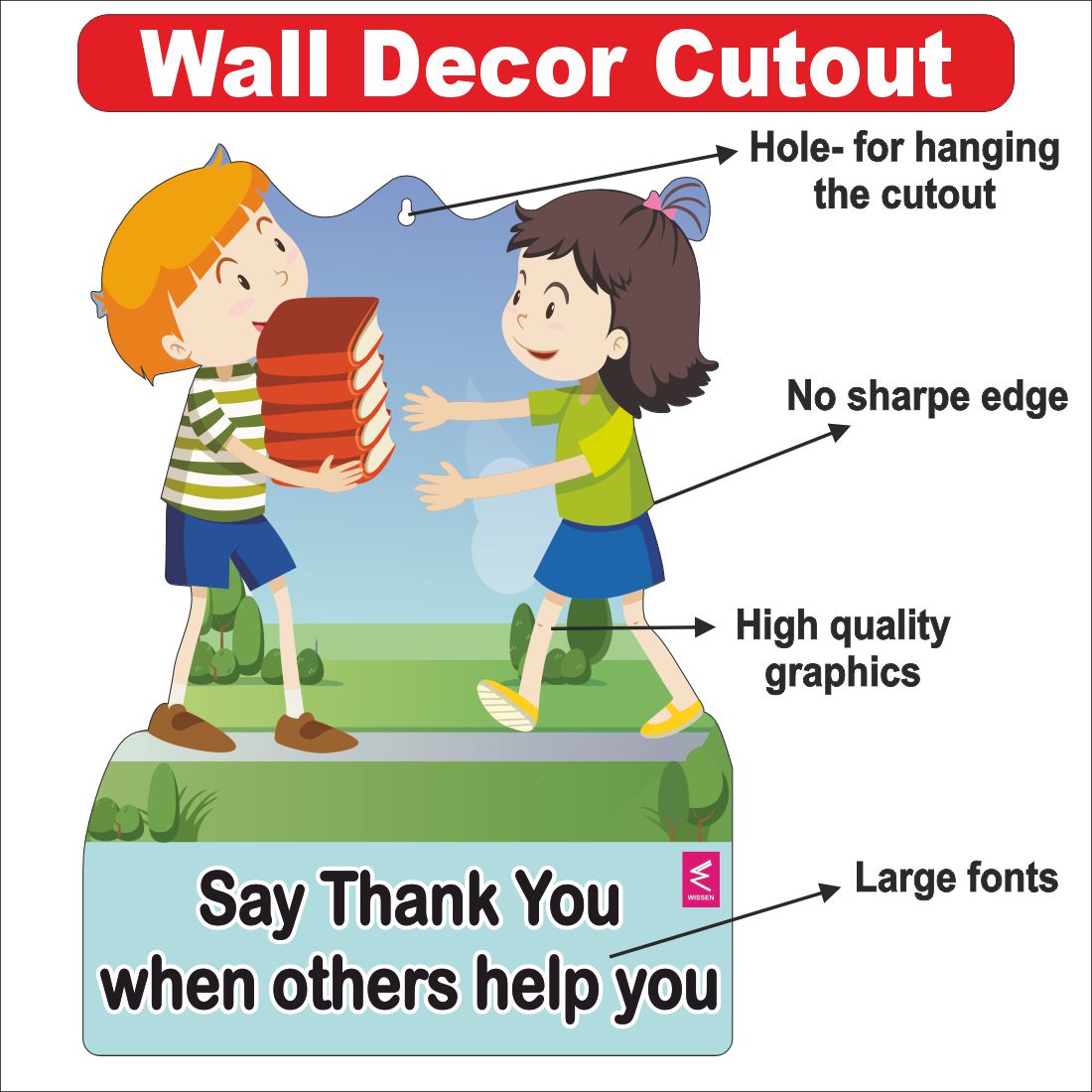 Wooden(MDF) Wall Decor Cutout for kids- Say thank you when others help you  -Learning through Fun design - 12*18 inch