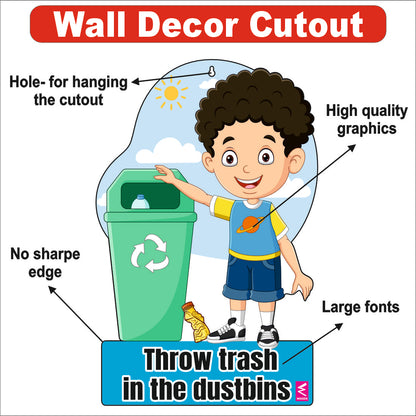 Wooden(MDF) Wall Decor Cutout for kids- Throw Trash in Dustbin -Learning through Fun design - 12*18 inch